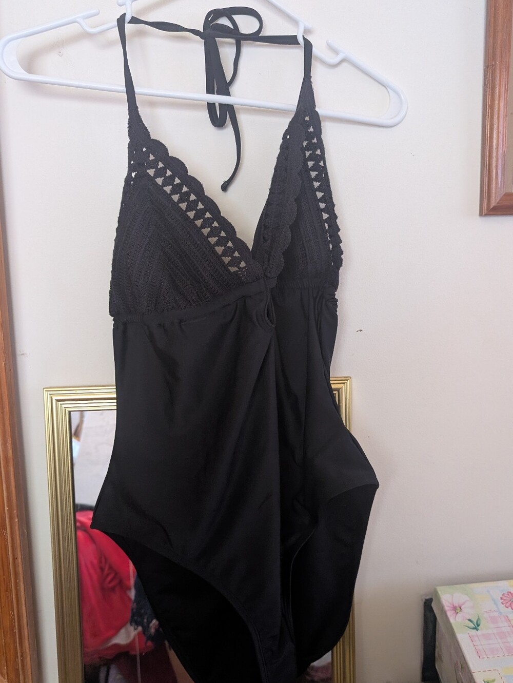 Black Crochet-Top One-Piece Swimsuit